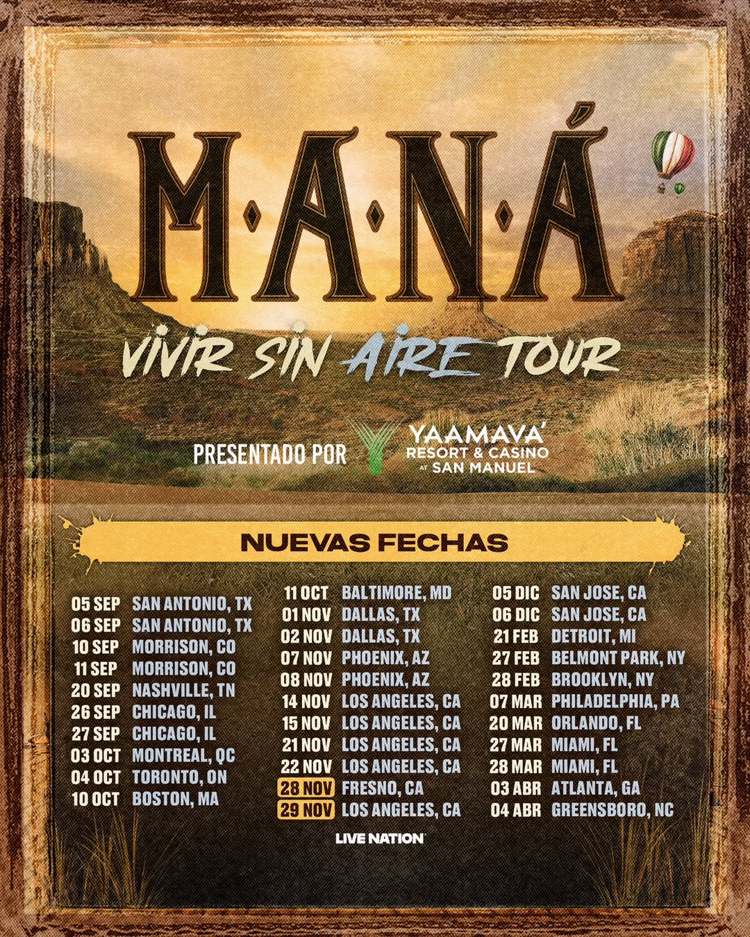 Maná Vivir Sin Aire Tour Poster 2025-2026